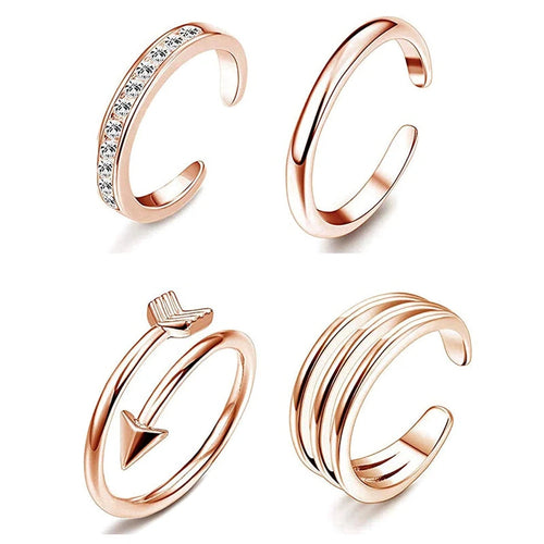 4Pcs Simple Alloy Crystal Foot Ring Adjustable Opening Toe Ring For