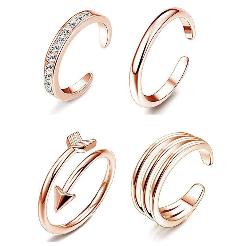 4Pcs Simple Alloy Crystal Foot Ring Adjustable Opening Toe Ring For