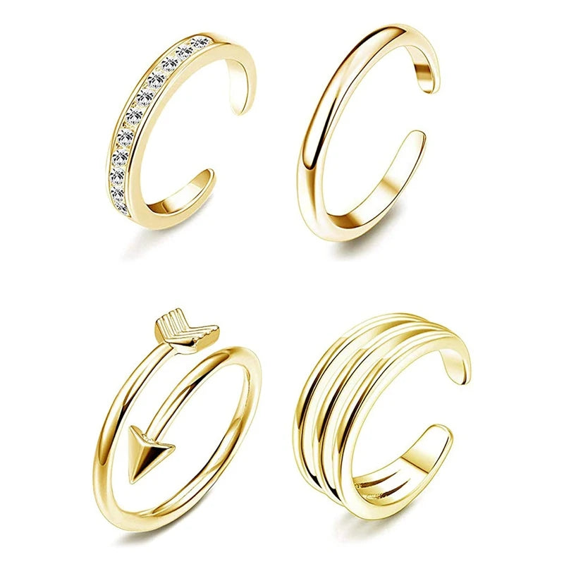 4Pcs Simple Alloy Crystal Foot Ring Adjustable Opening Toe Ring For