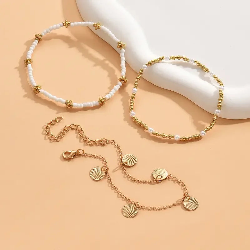 3pcs Retro Pearl Beads Anklet for Women Fashion Handmade Shell